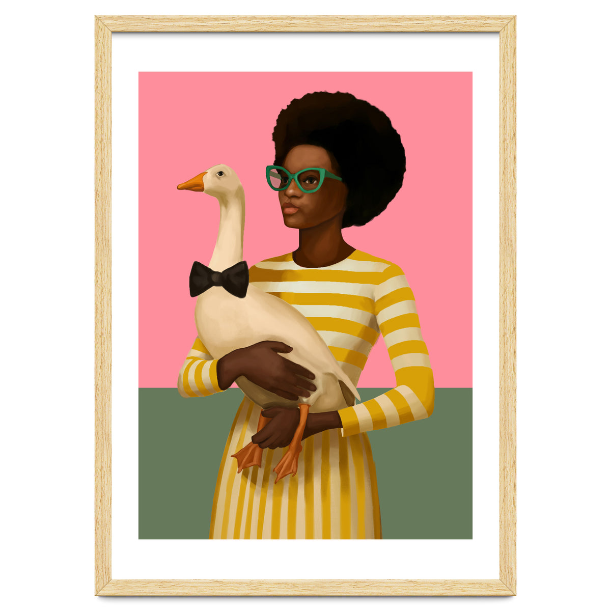 Stylish Woman Holding Goose In Striped Dress