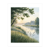 Serene River Sunrise Watercolor Painting with Meadow Grasses and Warm Golden Atmosphere Landscape (Print Only) thumbnail