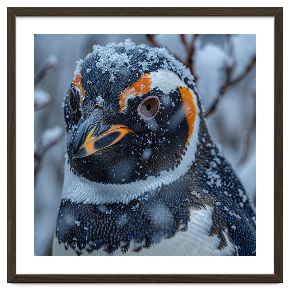 Penguin In Snow Falling Close Up Portrait
