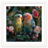 Two Lovebirds Perched On A Branch Near Flowers thumbnail