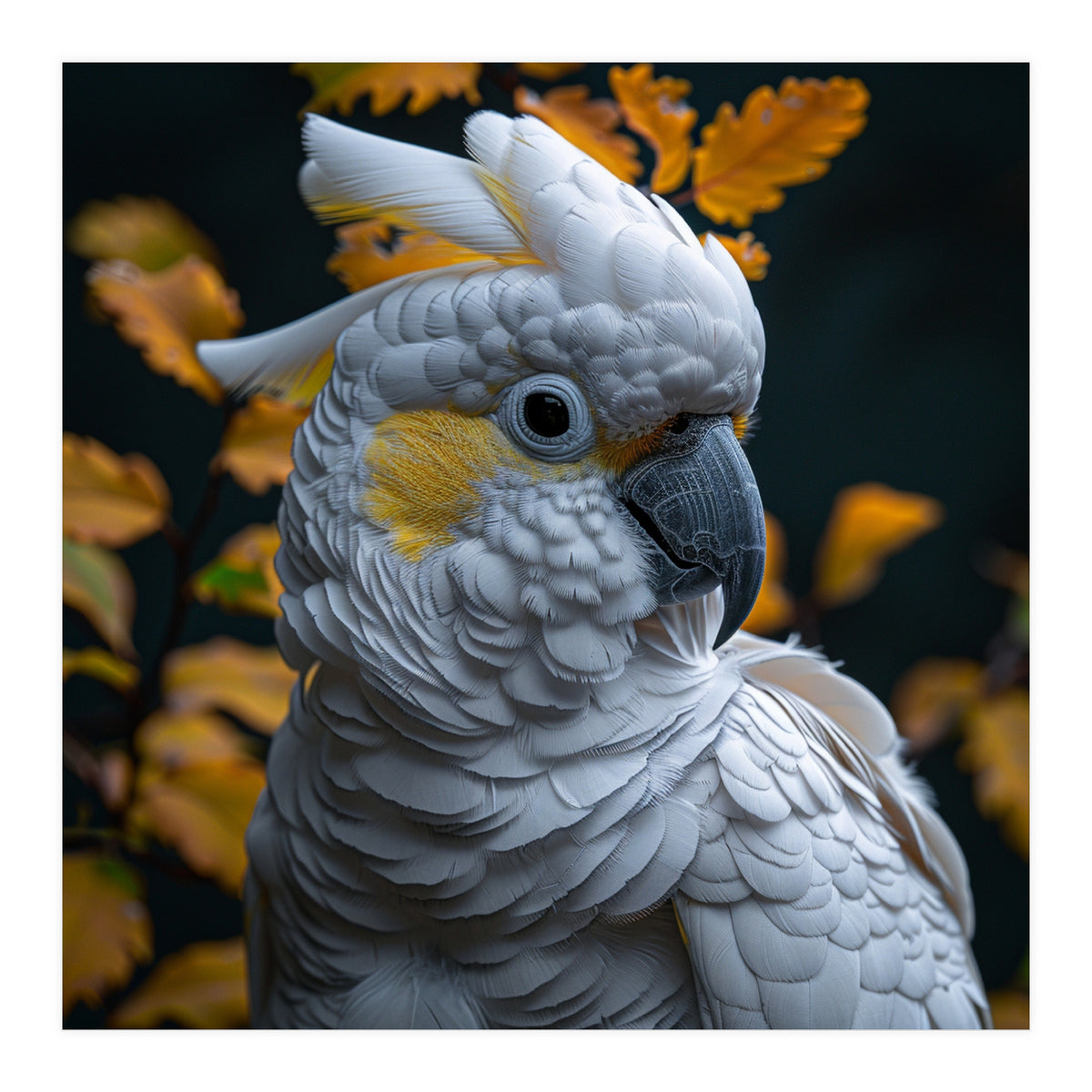 Yellow Crested Cockatoo Portrait Autumn Leaves Dark (Print Only)