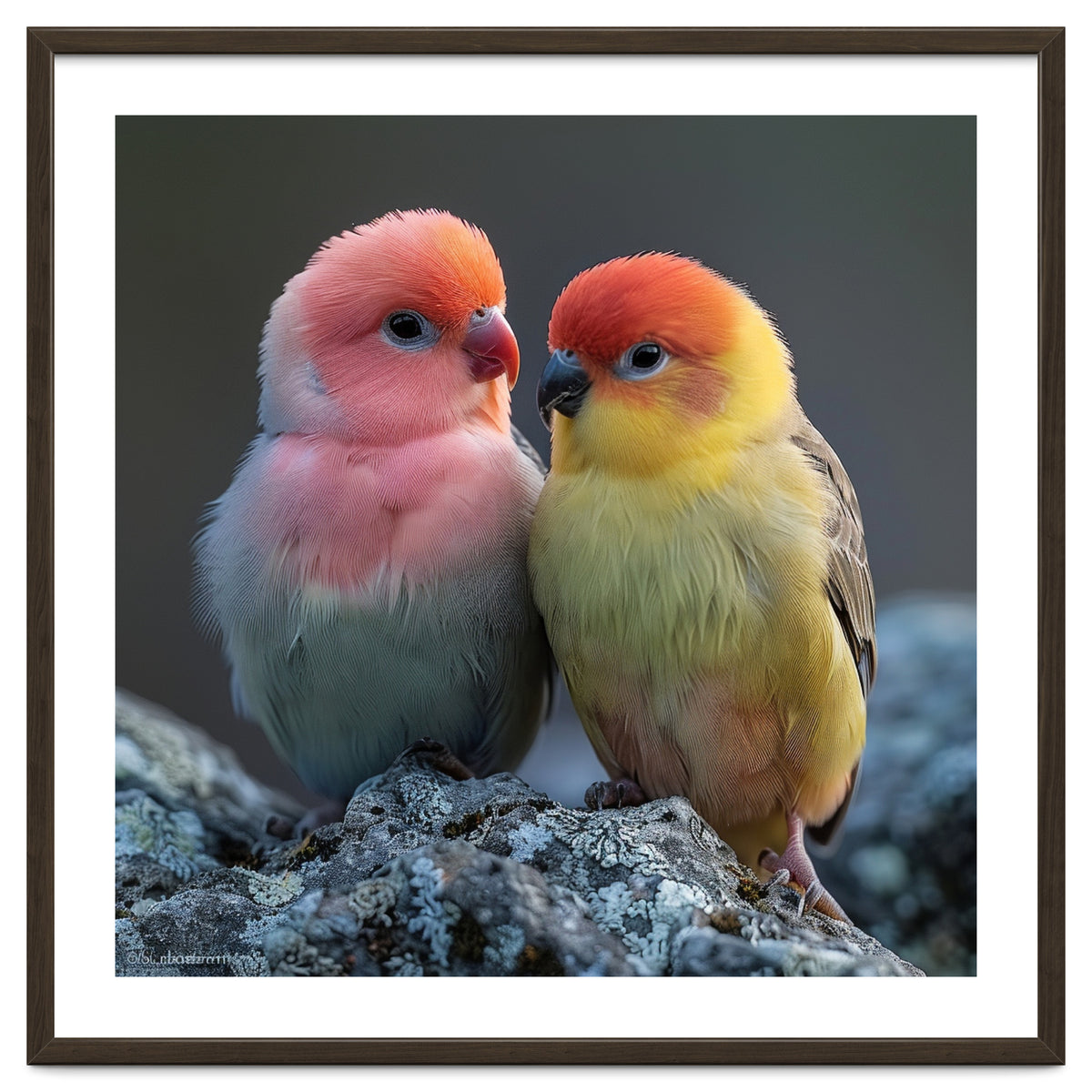 Pair Of Lovebirds Sitting On Rocks