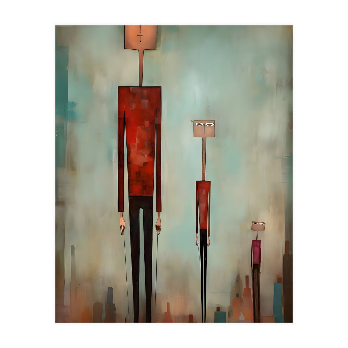 CITY HEIGHTS, three human-like forms of differing heights loom over the city below. (Print Only)