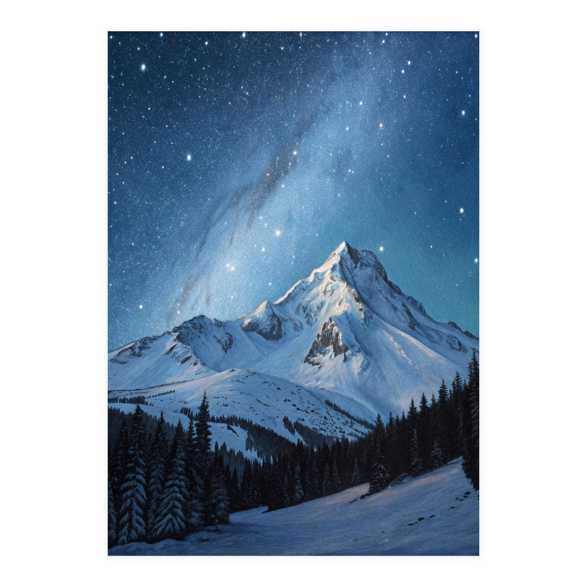 Majestic Snow-Capped Mountain Peak Under a Brilliant Starry Night Sky (Print Only)