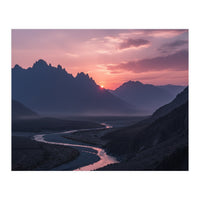 Crimson Sunset Valley: Serene Mountain Vista (Print Only)