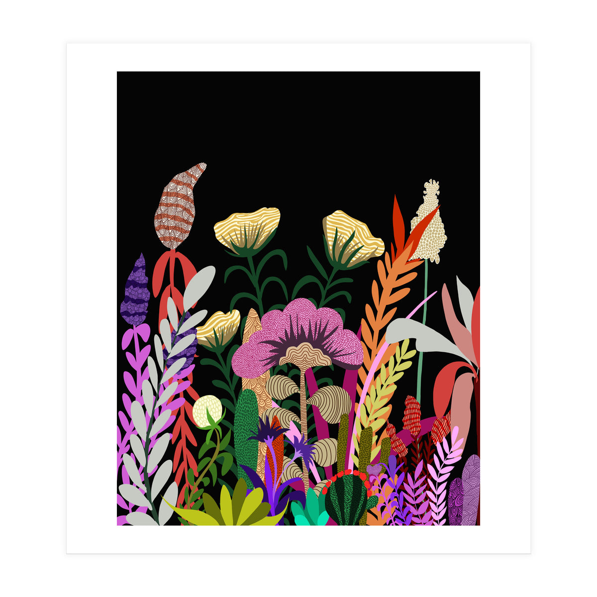 Dark Garden, Eclectic Bold Floral Botanical Nature, Colorful Mystery Bohemian Flowers Plants (Print Only)