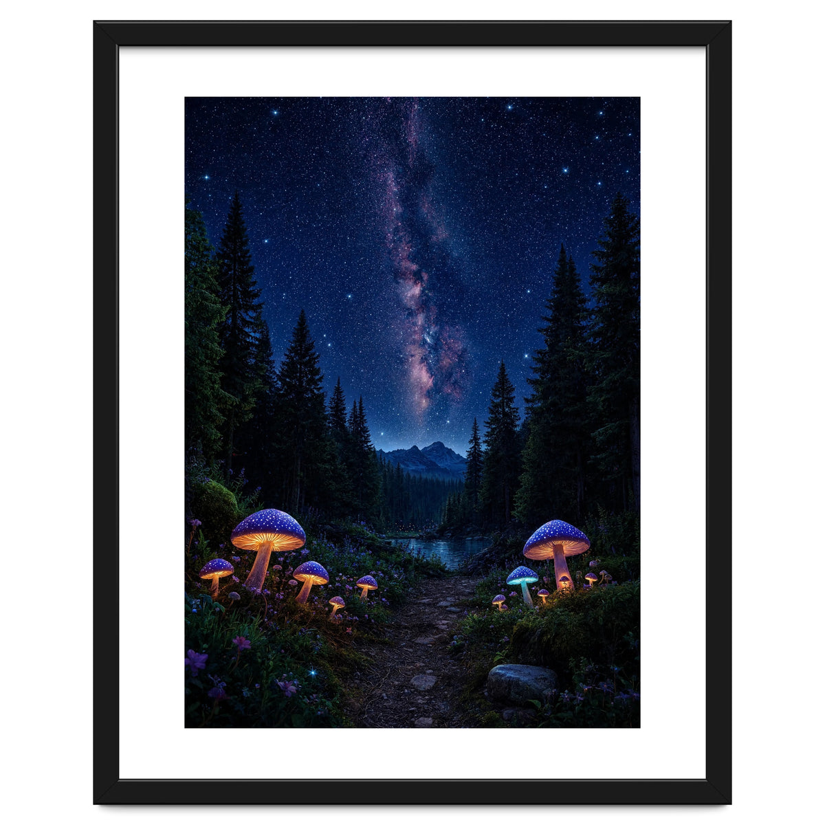 Enchanted Midnight Forest: Glowing Mushrooms and Milky Way