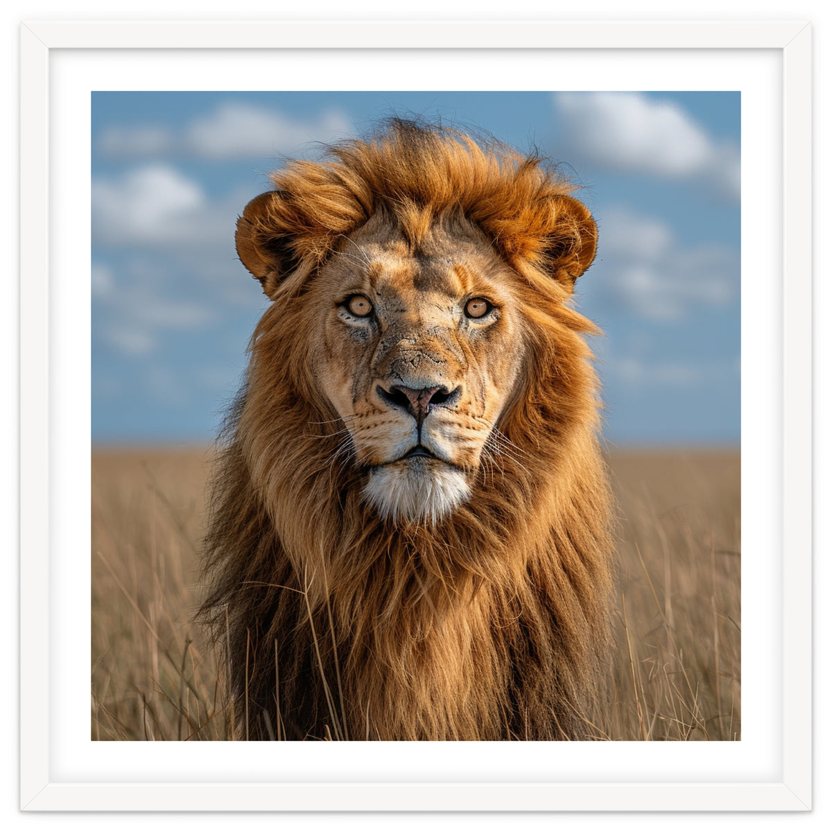 Majestic Lion In African Savanna Under Blue Sky