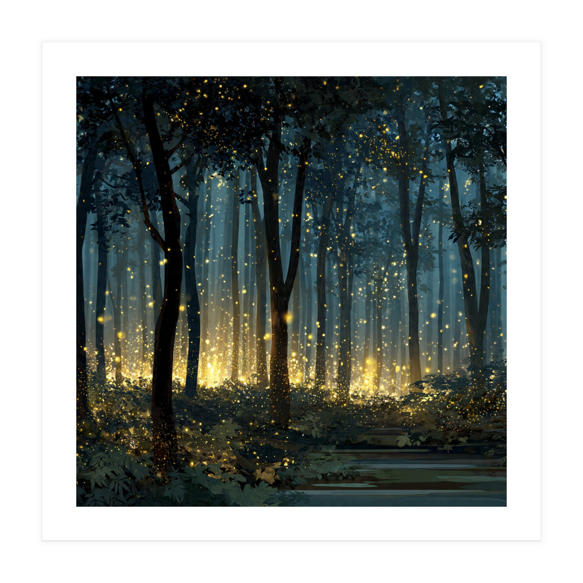 Enchanted Midnight Forest with Glowing Fireflies (Print Only)
