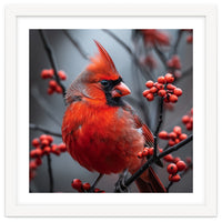 Northern Cardinal Bird Perched Among Red Berries