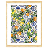 Blue Mediterranean tiles, lemons and oranges fruit