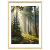 The Golden Path: Ethereal Sunbeams Piercing Through a Misty Evergreen Forest at Dawn thumbnail