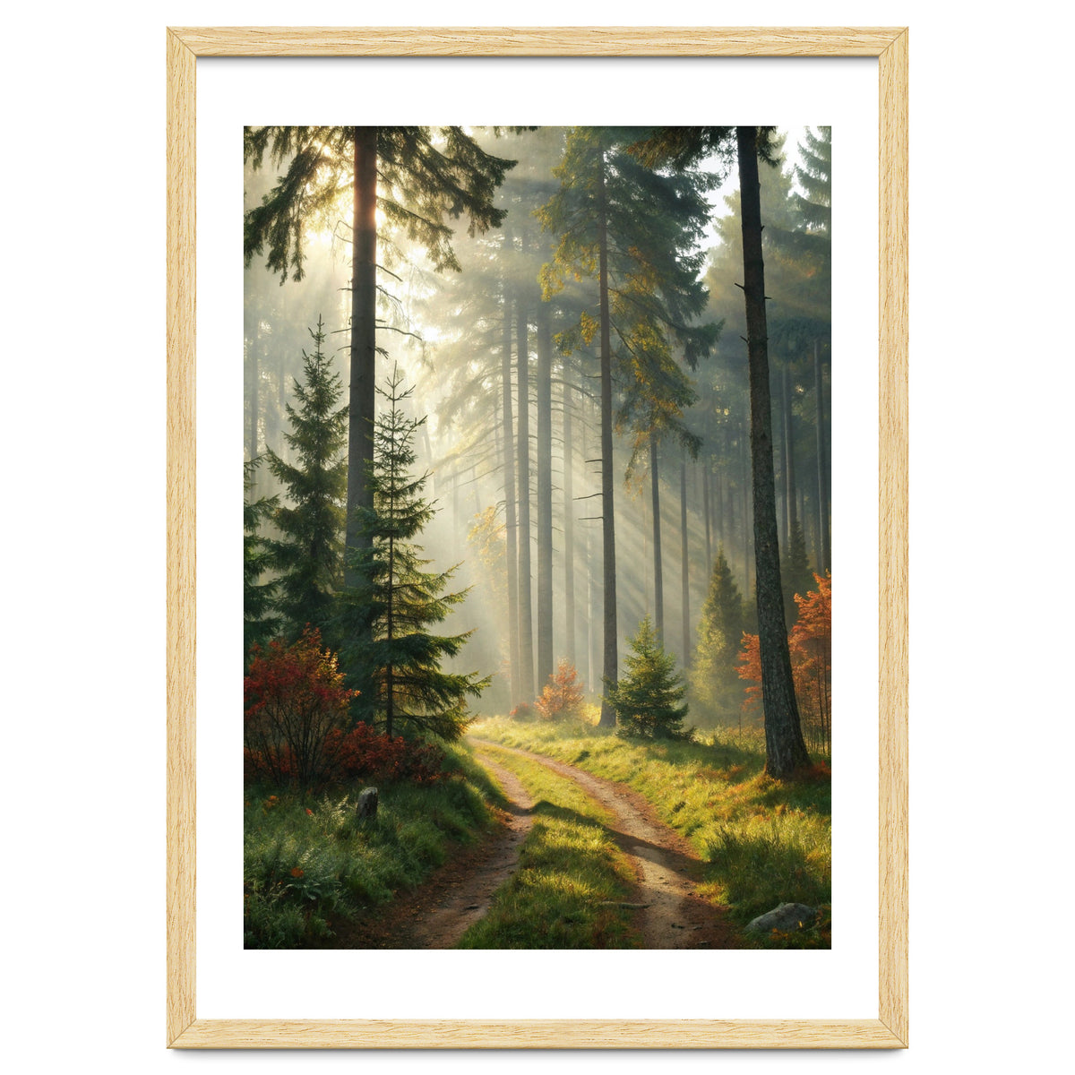 The Golden Path: Ethereal Sunbeams Piercing Through a Misty Evergreen Forest at Dawn