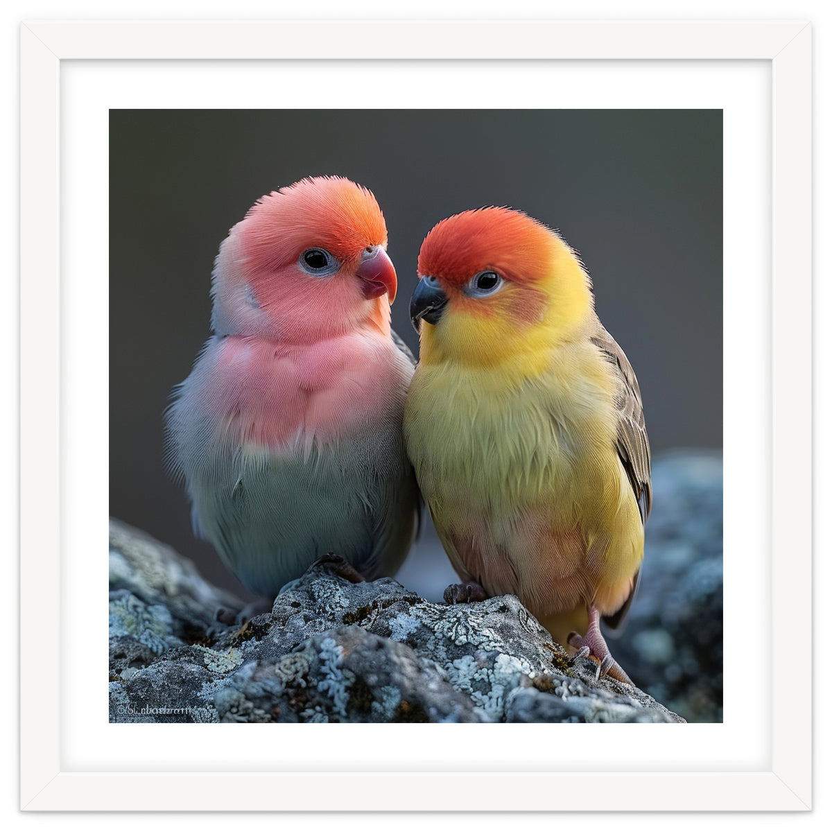 Pair Of Lovebirds Sitting On Rocks