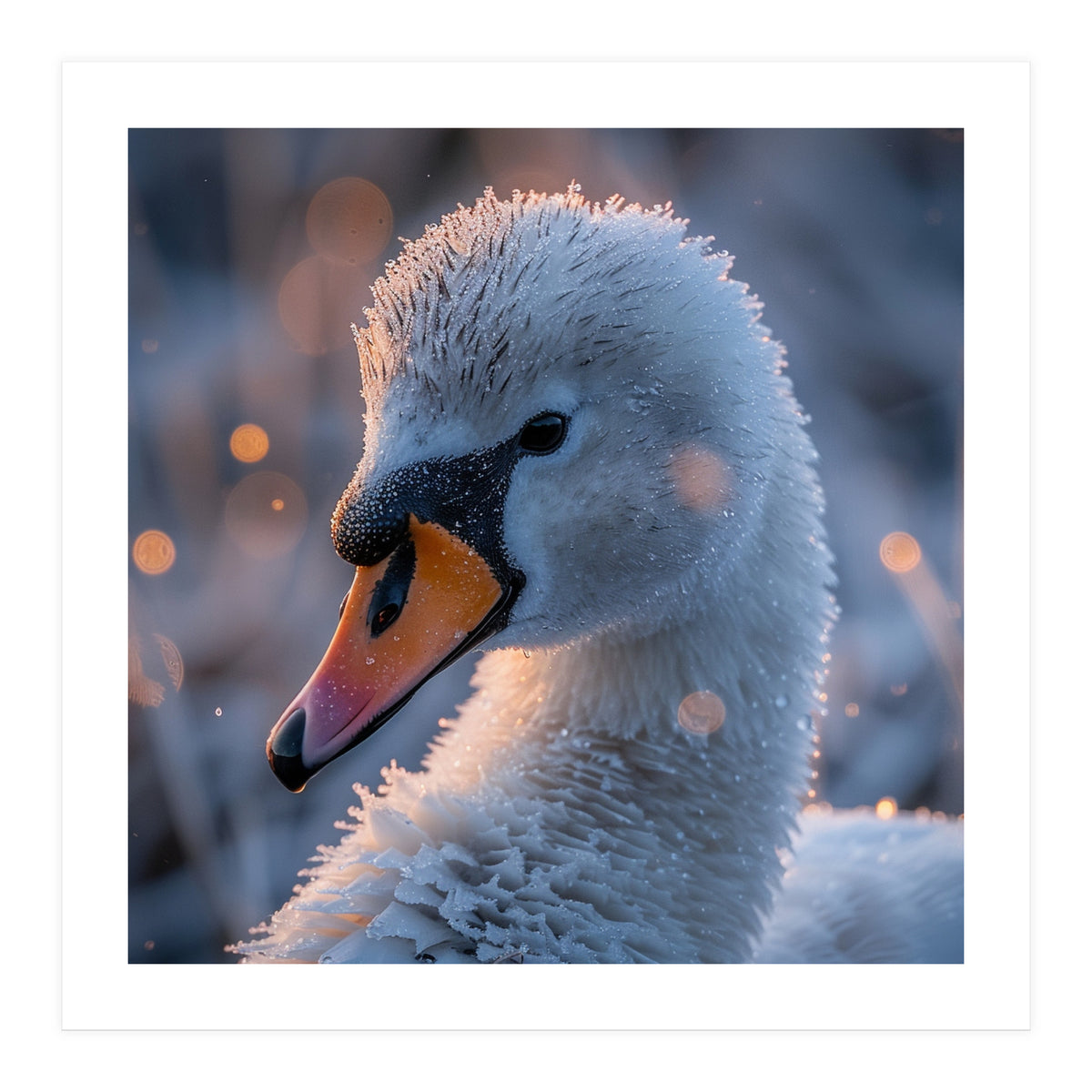 Close Up Frosty Swan Head During Golden Hour (Print Only)