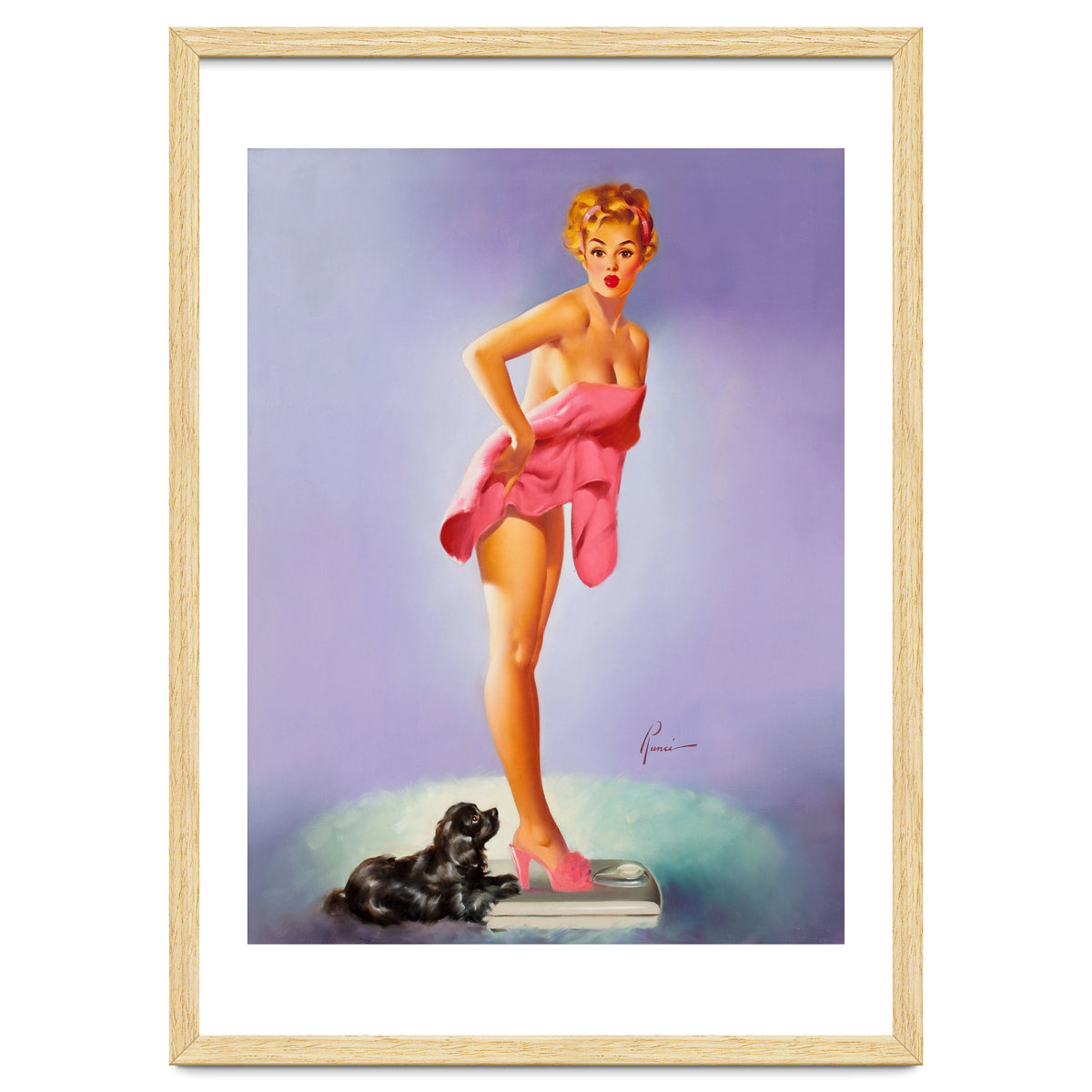 Pinup Girl On A Scale With Her Little Black Dog Behind