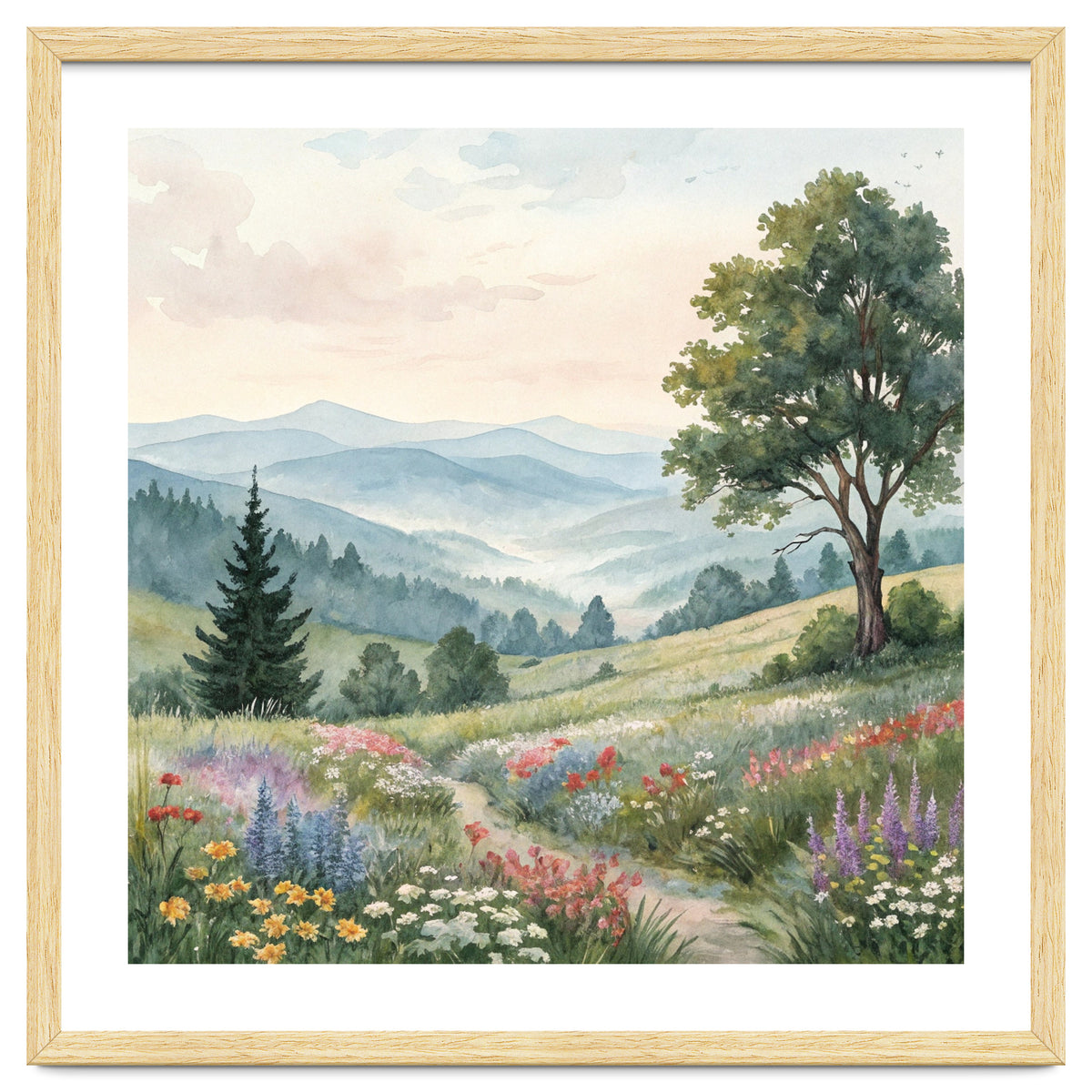 Serene Mountain Meadow Watercolor Landscape