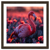 Pink Flamingo Bird Standing Among Flowers At Sunset thumbnail