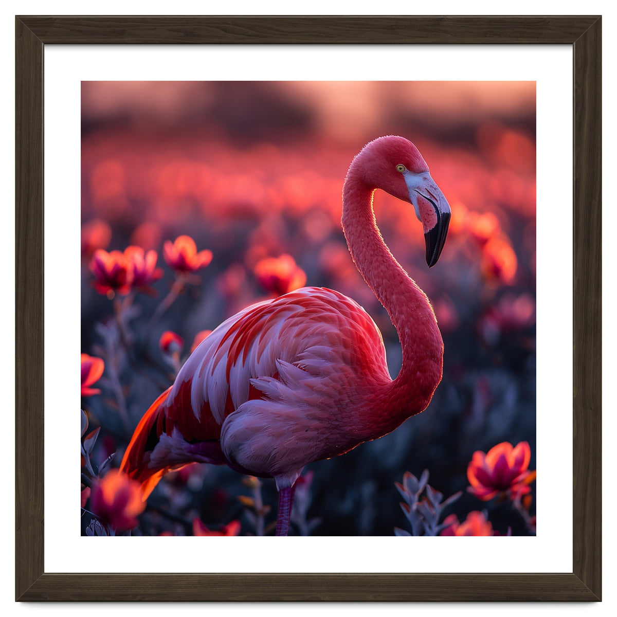 Pink Flamingo Bird Standing Among Flowers At Sunset