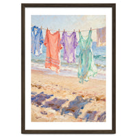 Laundry Drying by the Sea, Colorful Clothes on a Beach Clothesline, Coastal Summer Pastel Painting, Relaxing Ocean Shore Art Print