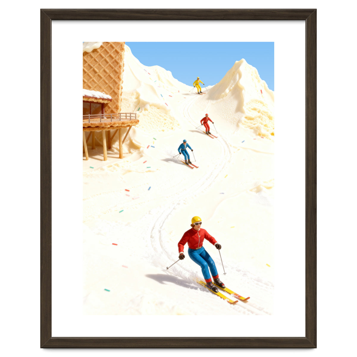 Skiing on Ice Cream Mountains, Miniature Skiers Winter Art Print for Kitchen Decor