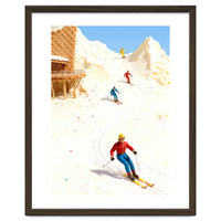 Skiing on Ice Cream Mountains, Miniature Skiers Winter Art Print for Kitchen Decor