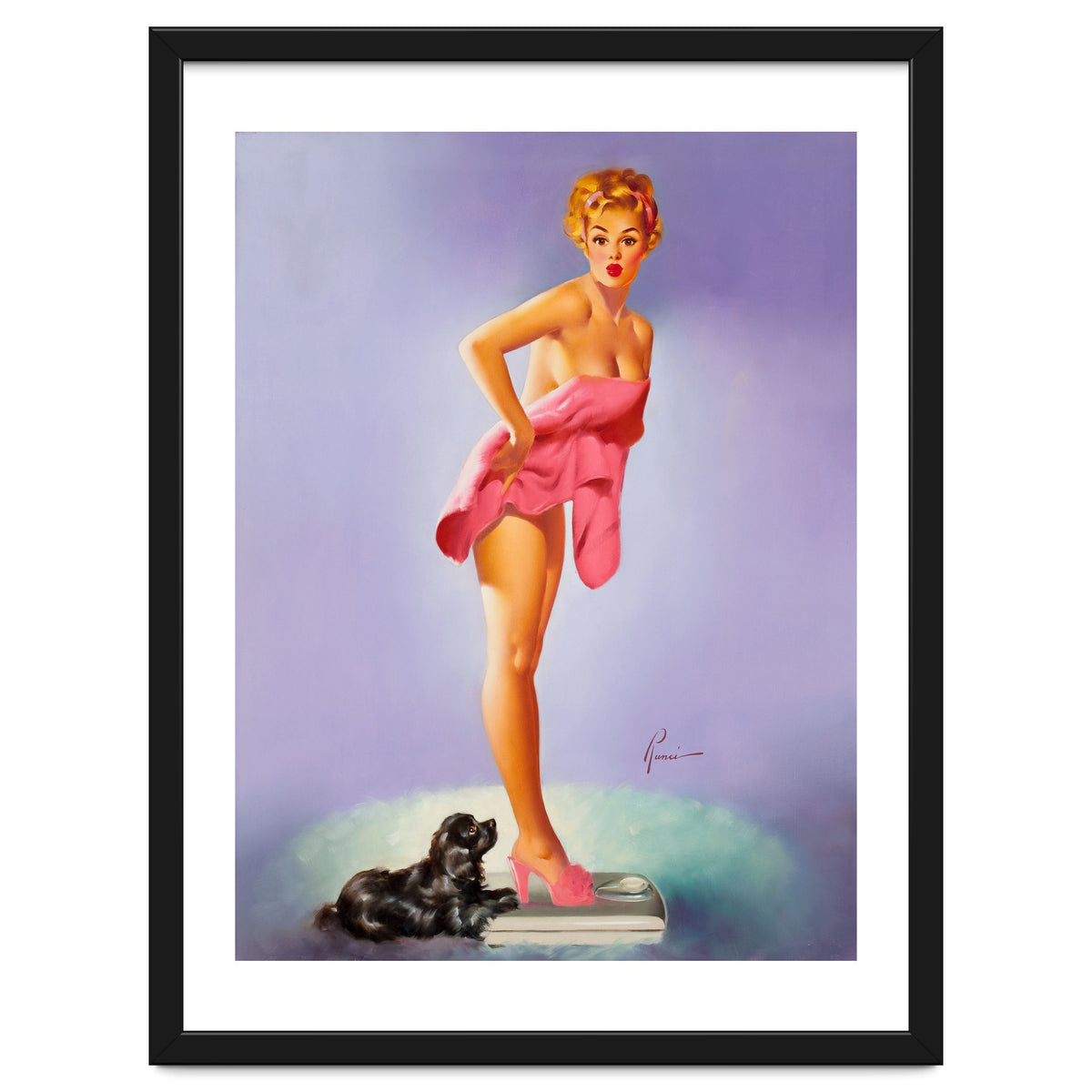Pinup Girl On A Scale With Her Little Black Dog Behind