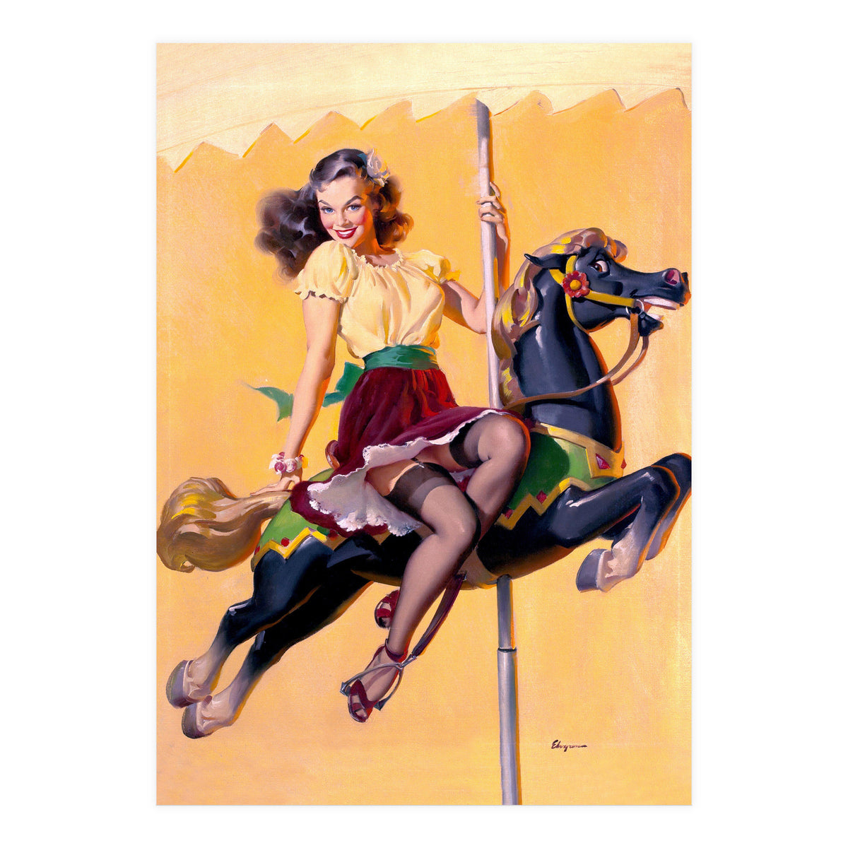 Pinup Sexy Girl Riding A Wooden Horse (Print Only)