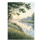 Serene River Sunrise Watercolor Painting with Meadow Grasses and Warm Golden Atmosphere Landscape (Print Only) thumbnail