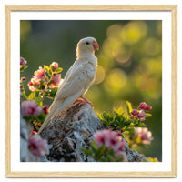 Albino Parrot Perched On A Rock Amongst Flowers