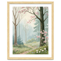 Enchanted Spring Woodland Path with Blooming Cherry Blossoms and Misty Pastel Forest Atmosphere