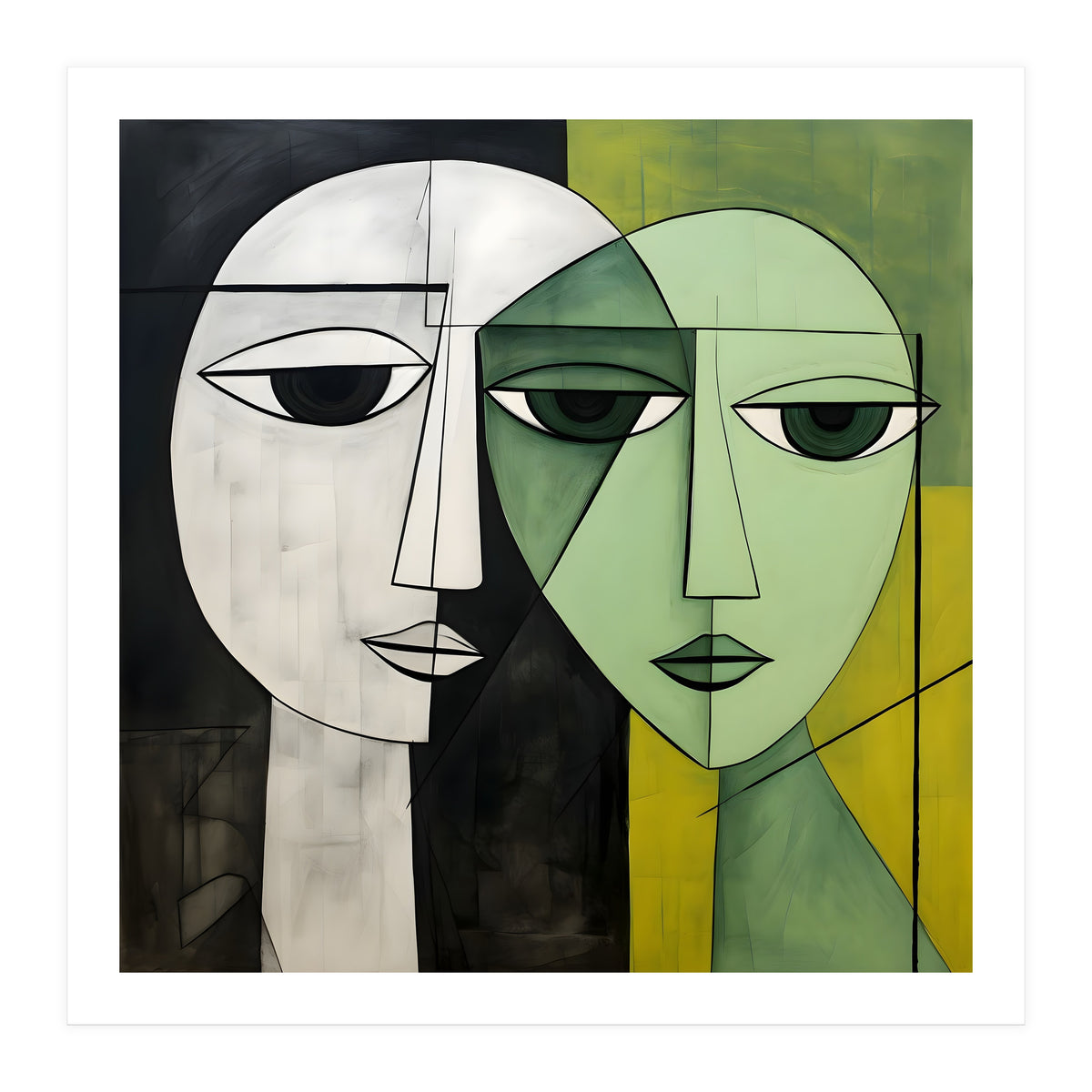DYNAMIC FUSION, Two abstract heads converge - vibrant green tones intertwine with cool grey hues, a dance of contrast and connection. (Print Only)