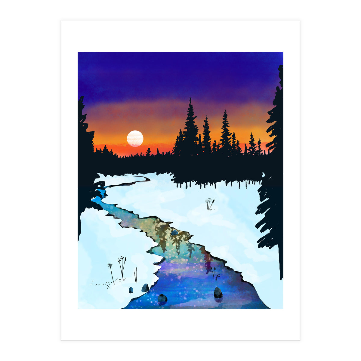 Purple Midnight, Snow River Full Moon Nature Landscape Painting, Winter Travel Adventure Places (Print Only)