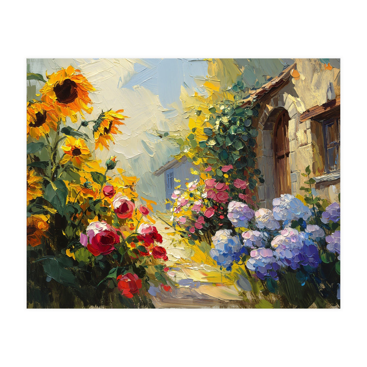 Vibrant Summer Cottage Garden Oil Painting (Print Only)