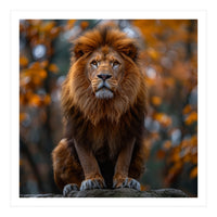 Majestic Lion Sitting On A Rock In Autumn Forest (Print Only)