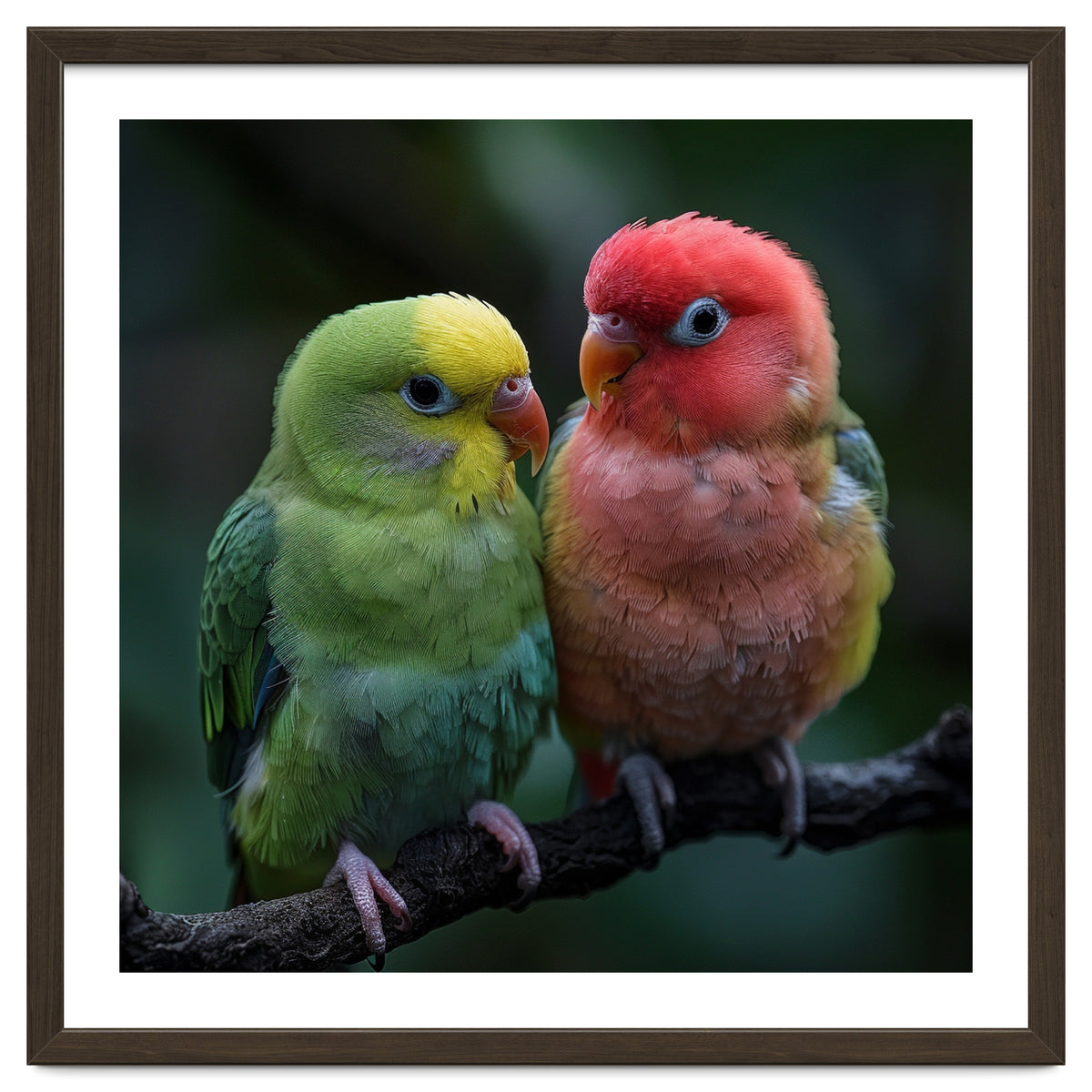 Two Lovebirds Sitting Together On A Branch