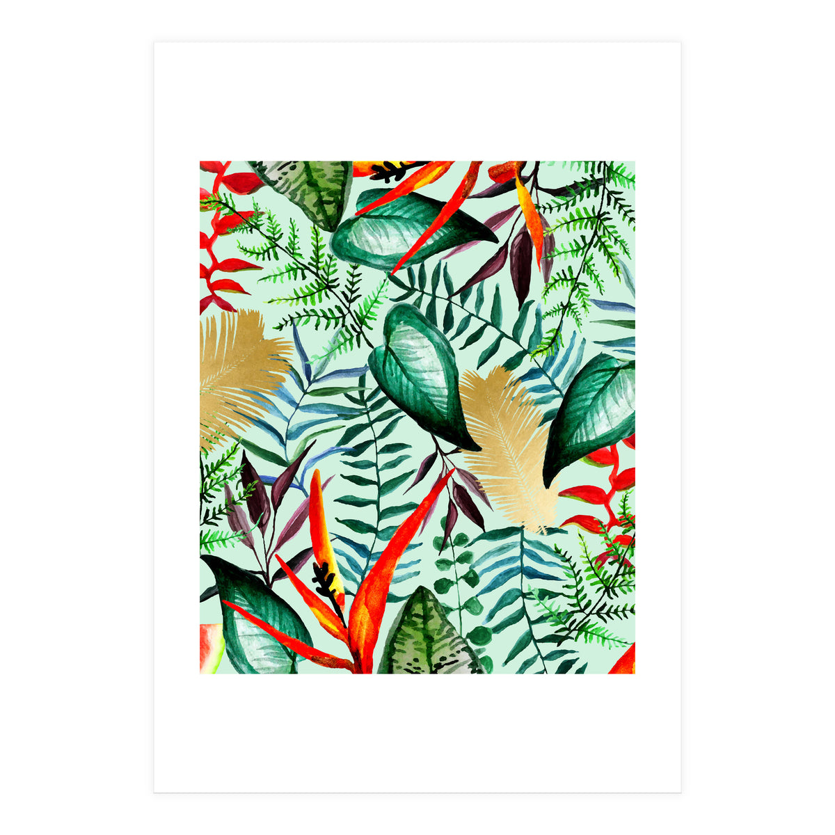 Paradise, Tropical Jungle Botanical Bohemian Illustration, Palm Bird of Paradise Gold Painting (Print Only)