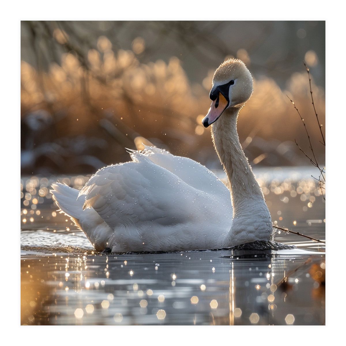 Majestic Swan On Calm Water During Sunset Nature Scene (Print Only)