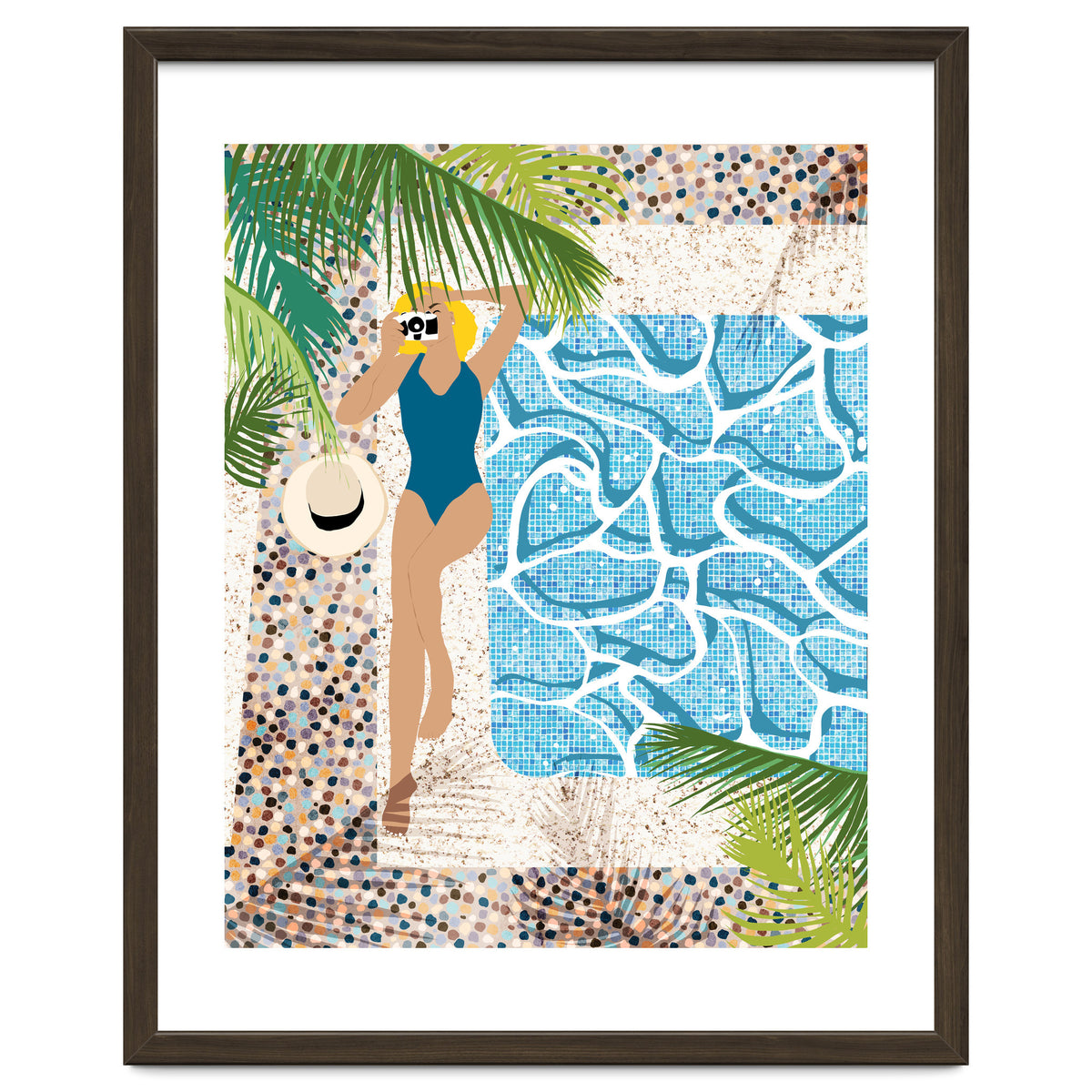 Click, Summer Travel Poolside Swim, Moroccan Tiles Staycation Vacation Holiday, Bohemian Woman Swimsuit Fashion Pose