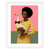 Stylish Woman Holding Goose In Striped Dress thumbnail
