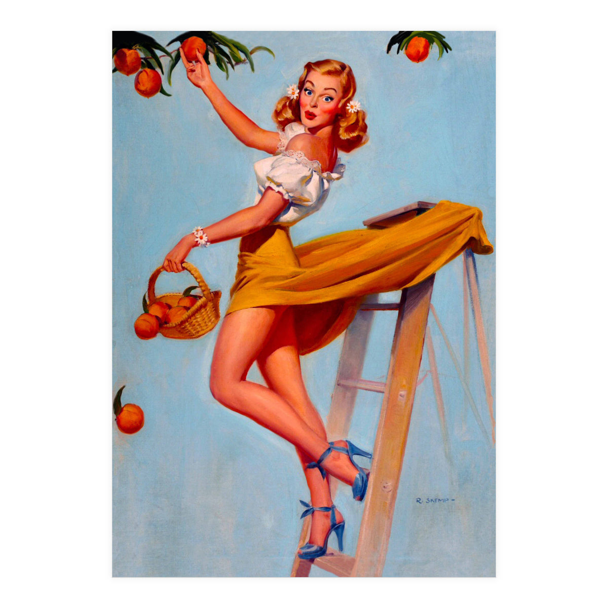 Pinup Sexy Woman Picking Oranges On A Tree Branch (Print Only)
