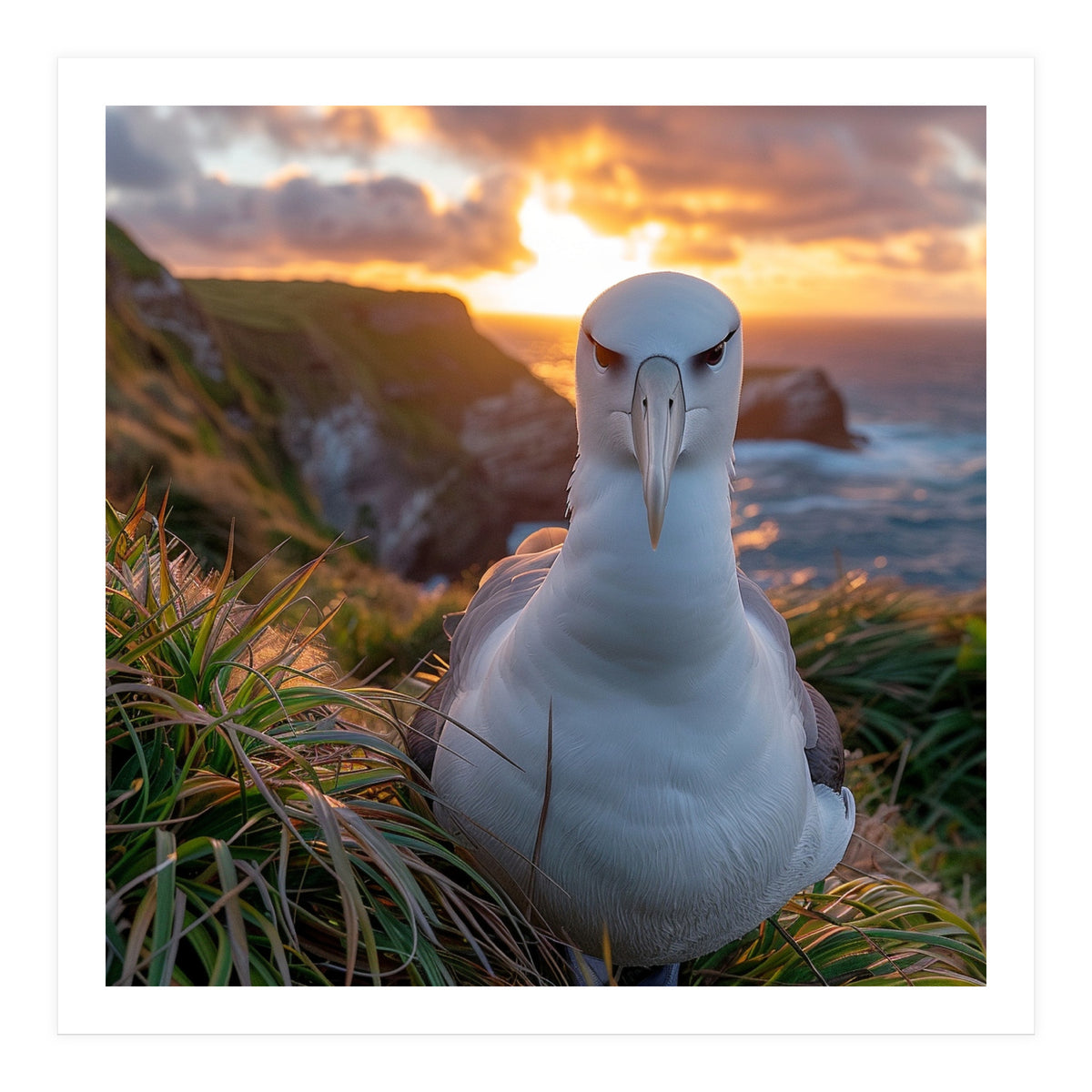 Albatross Bird On Grassy Cliff At Sunset (Print Only)