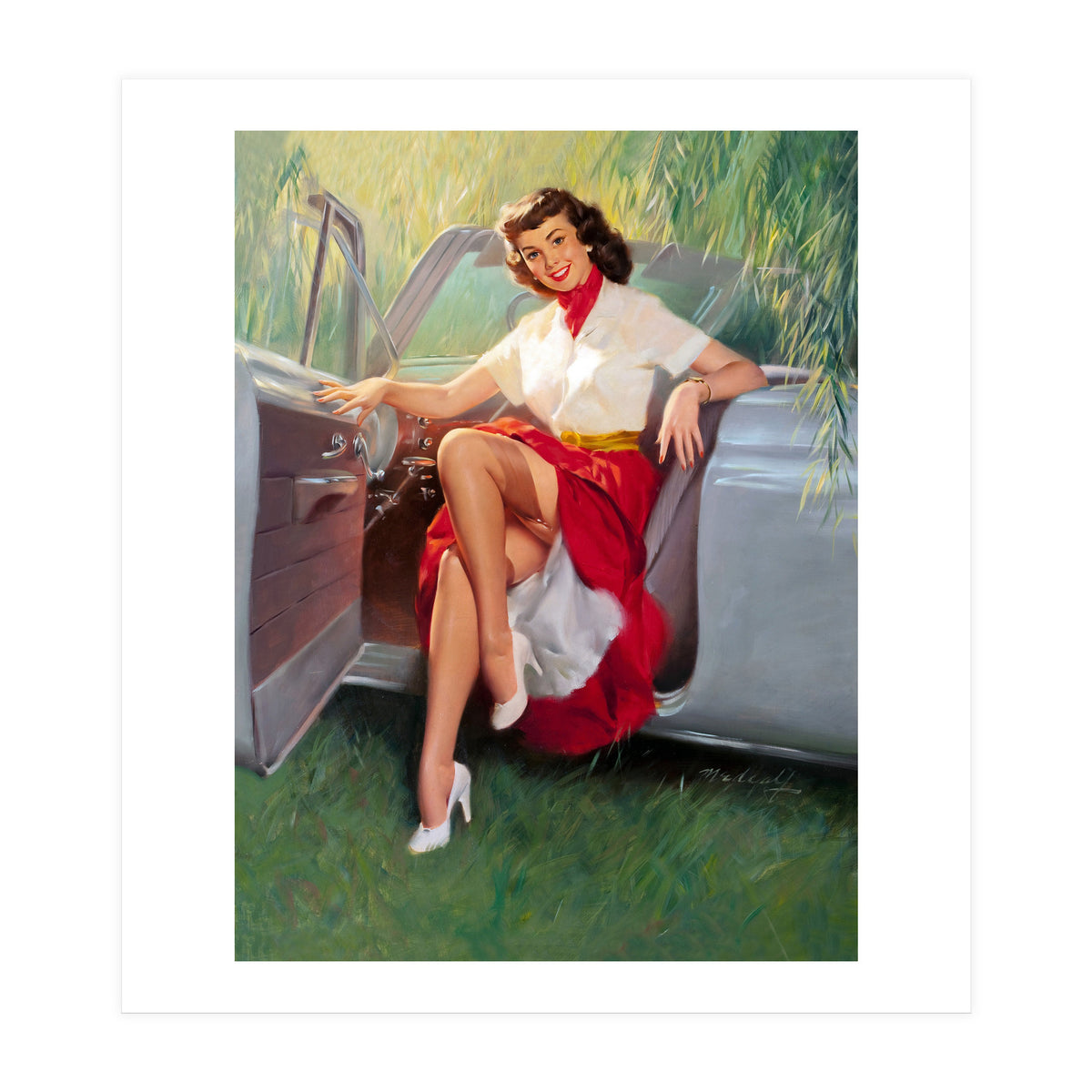 Sexy Pinup Woman Posing In Convertible Car (Print Only)