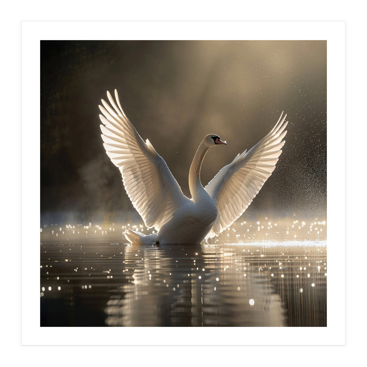 Graceful Swan Spreading Wings On Sparkling Water (Print Only)