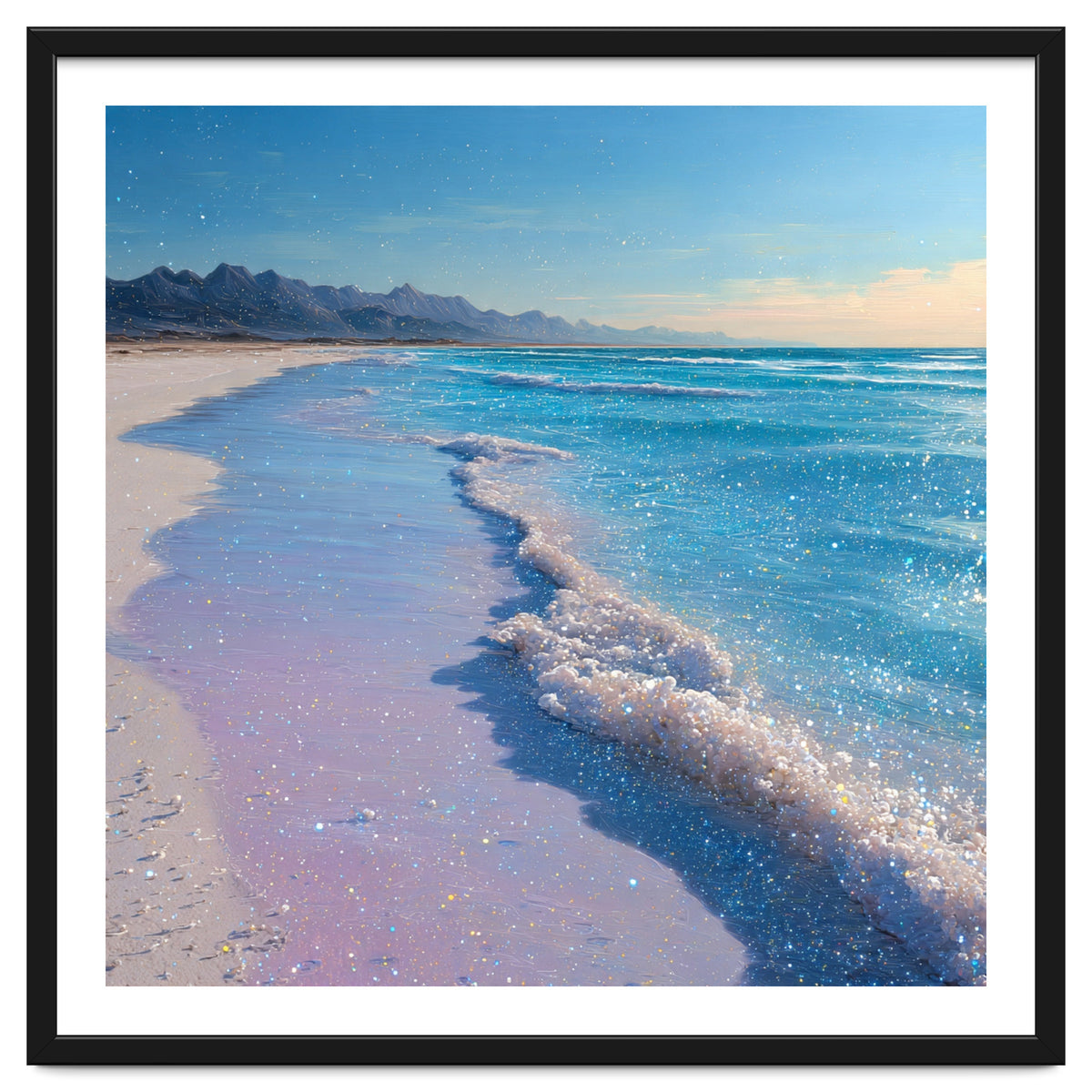 Sparkling Pastel Shoreline with Glittering Turquoise Waves