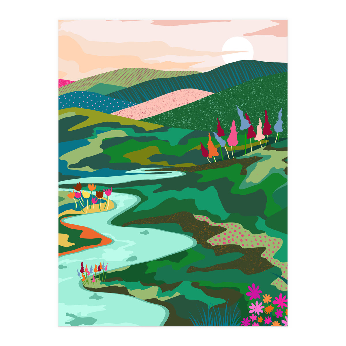 Endless Love, Bohemian Nature Landscape Scenic Meadow, Eclectic Colorful Travel Forest Mountains Sunset (Print Only)