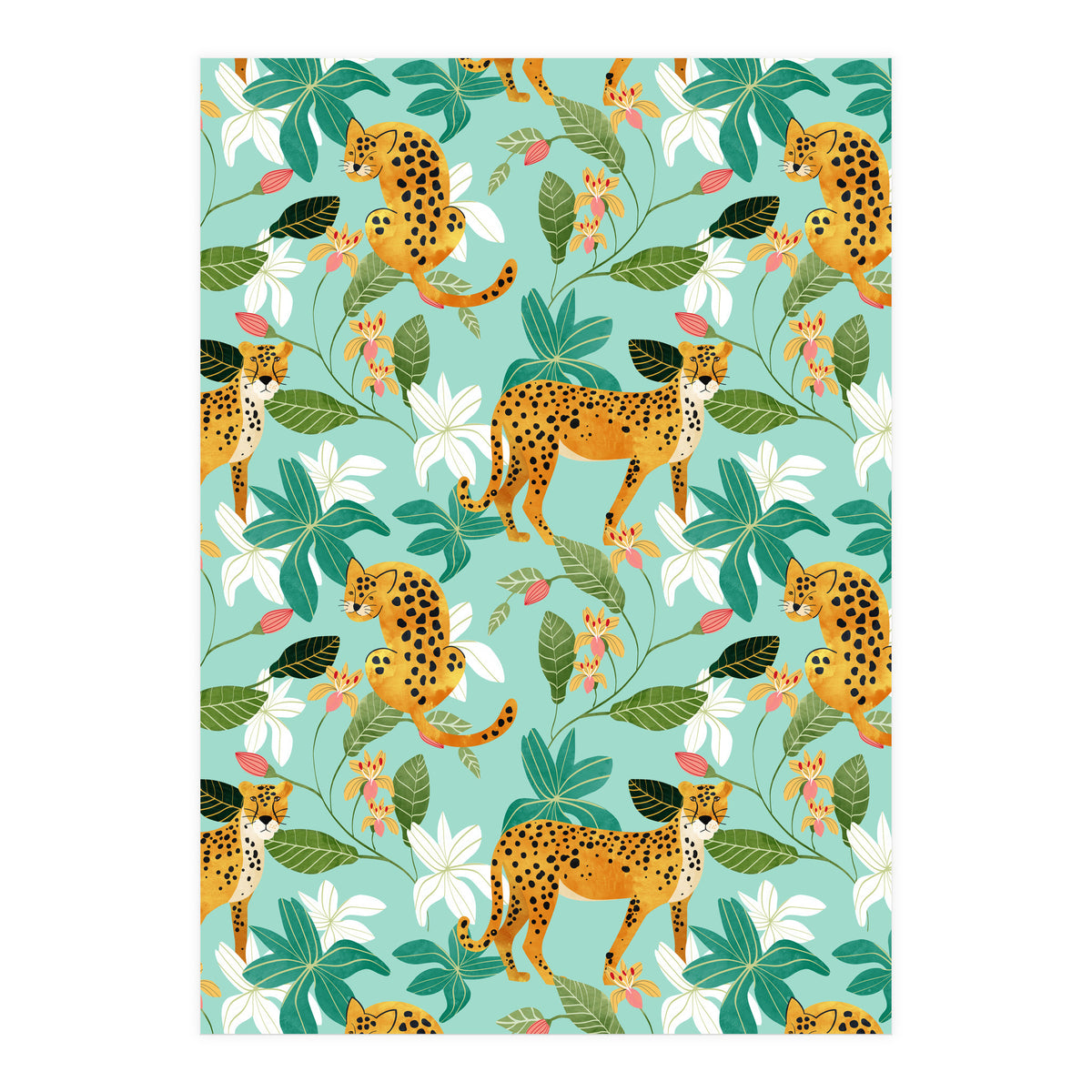 Cheetah Jungle, Wildlife Nature Wild Cats Tigers Leopard Botanical Animals Mint Quirky Illustration (Print Only)