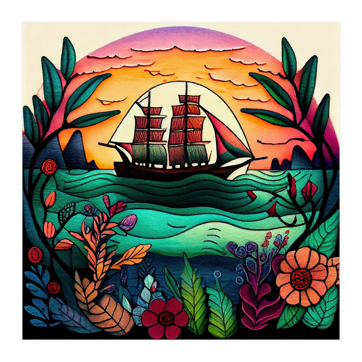 Folk Sunset Sailing Ship (Print Only)