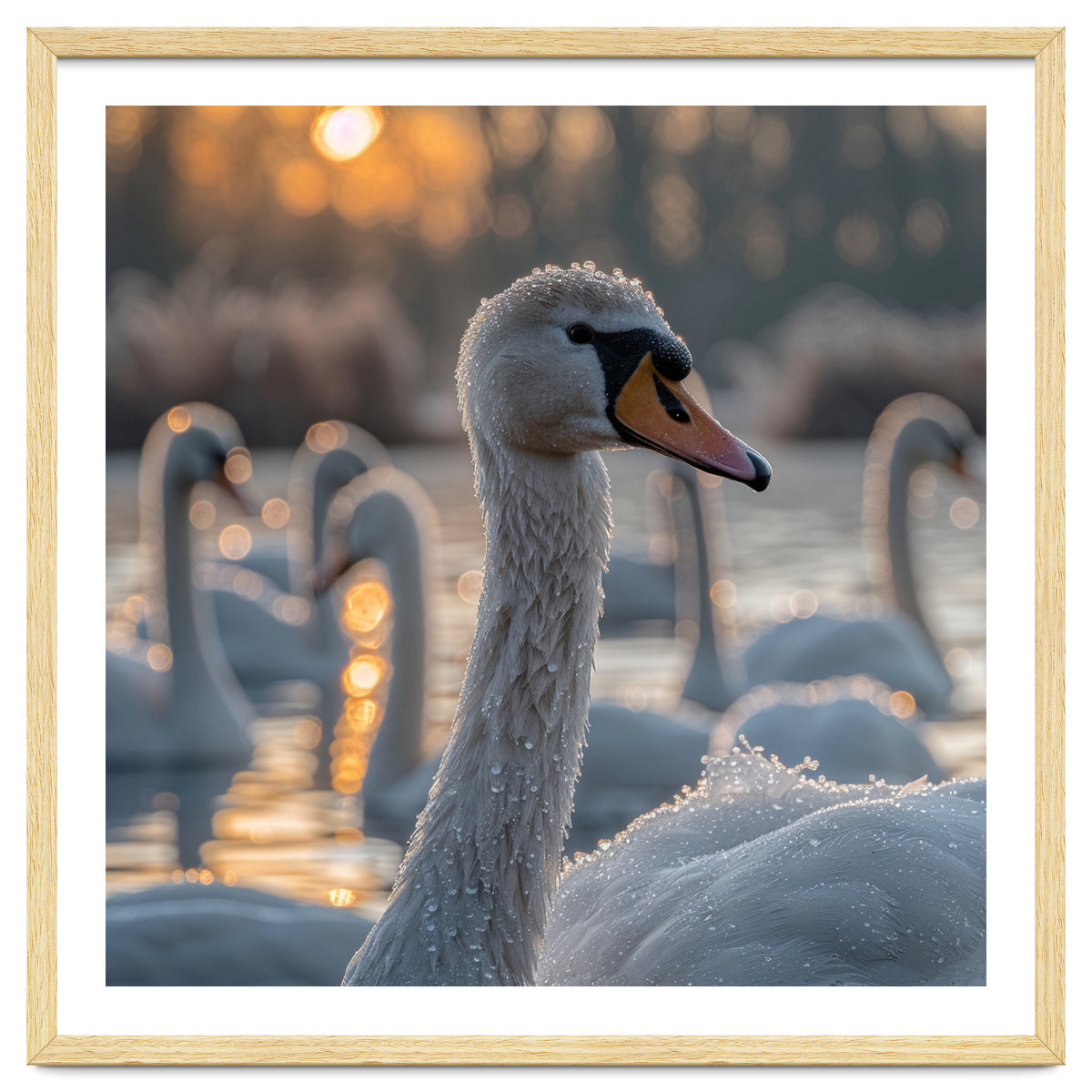 Close Up Of Swan With Water Droplets At Sunrise