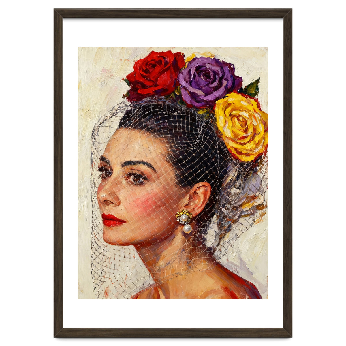 Audrey Hepburn, Impasto Floral Veil Portrait, Classic Hollywood Oil Painting,